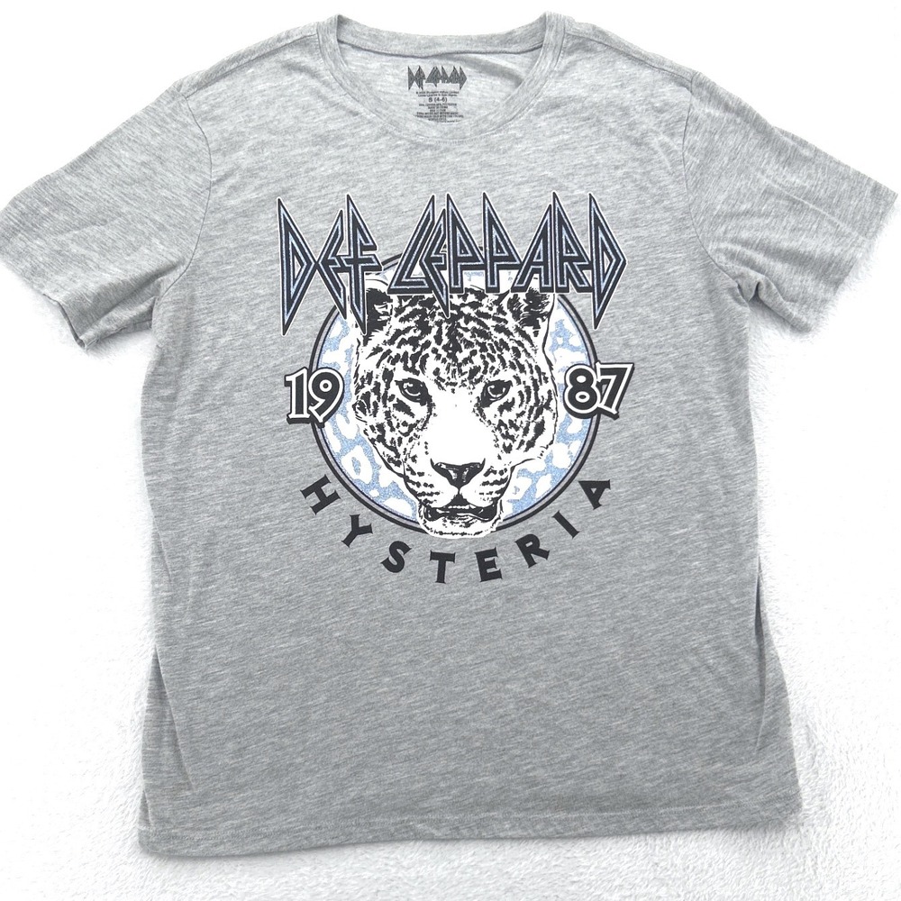 Def Leppard Womens T-Shirt Sm Gray Hysteria 1987 Leopard Graphic Rock Band Tee